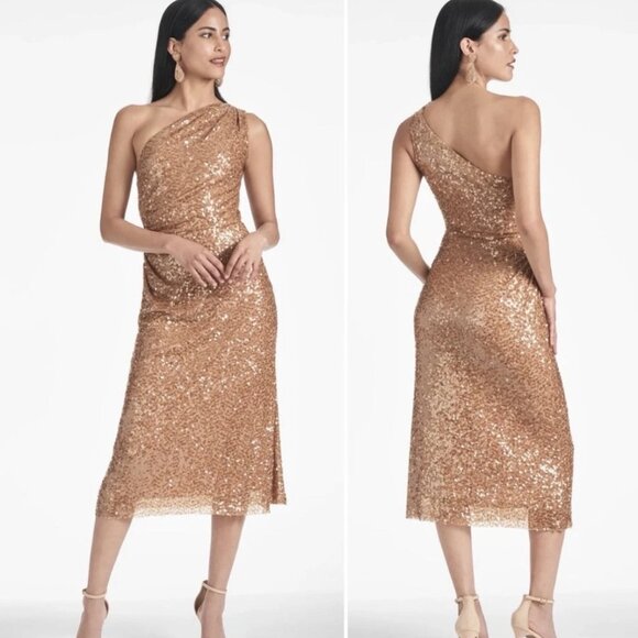 NWT | Sachin + Babi Sequin One Shoulder Carmen Dress in Honey Midi Size 6 - Picture 2 of 9